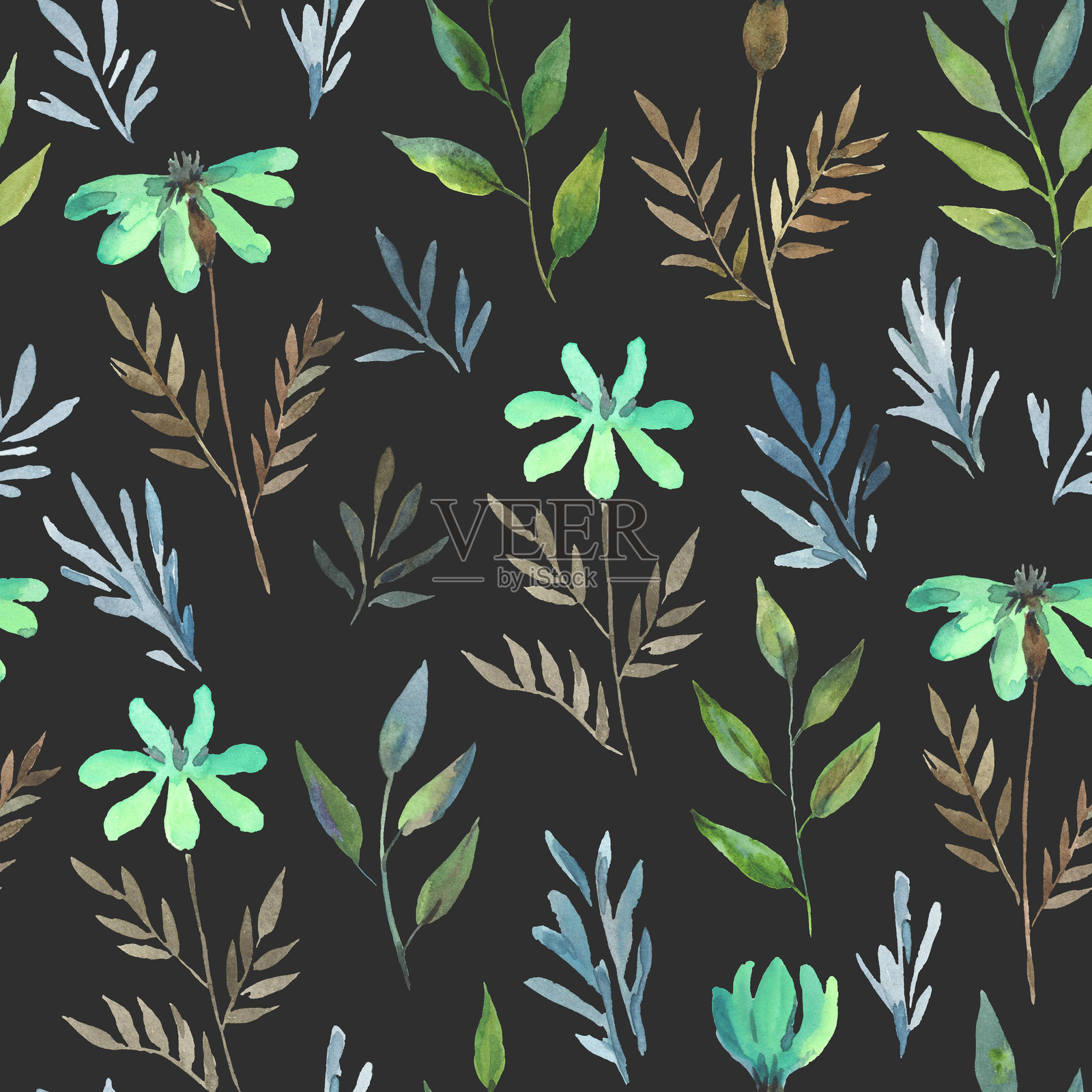 水彩无缝图案，包含简单细腻的植物和花卉。手绘艺术印刷，适用于设计和纺织品。照片摄影图片