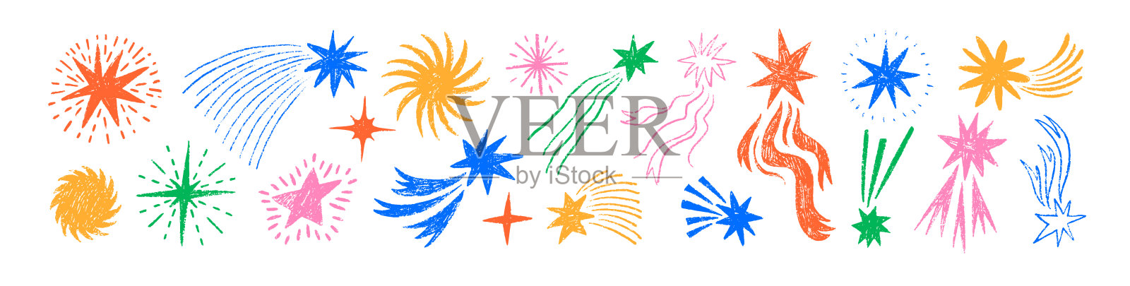 用蜡笔绘制的幼稚风格的流星、彗星和小行星。手绘风格的彩色星星和尾巴。插画图片素材