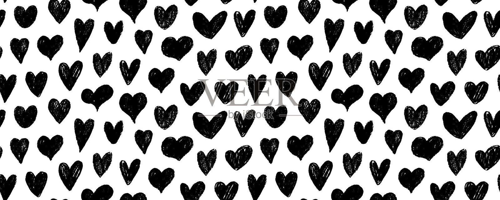 无缝图案，炭笔画的可爱心形。蜡笔涂鸦心形壁纸。朋克或颓废风格的无缝横幅设计。爱情主题的铅笔画。适用于情人节的复古图案。插画图片素材