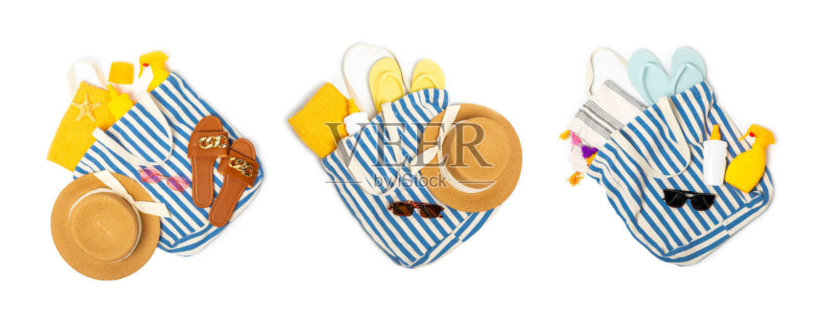 海滩配件。海滩包、帽子、沙滩毛巾、太阳镜、防晒霜和凉鞋在白色背景上隔离。热带度假概念。夏季周末。平铺展示。留白空间。照片摄影图片