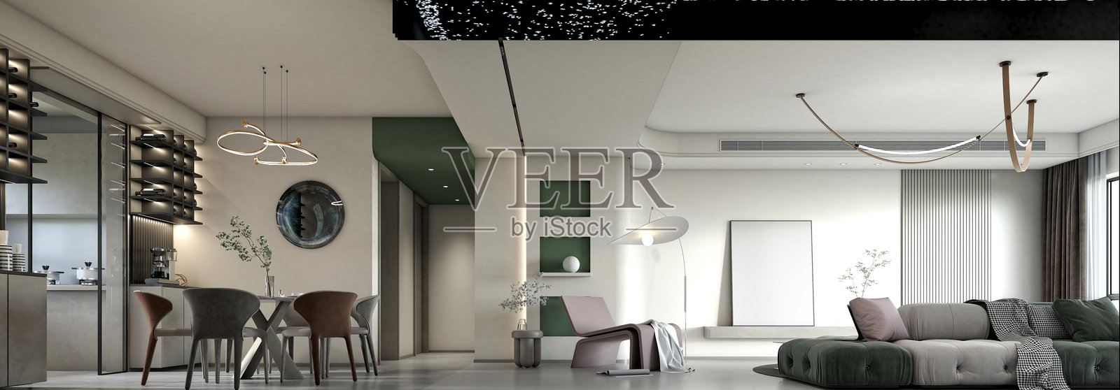 3D渲染的客厅和餐厅空间照片摄影图片