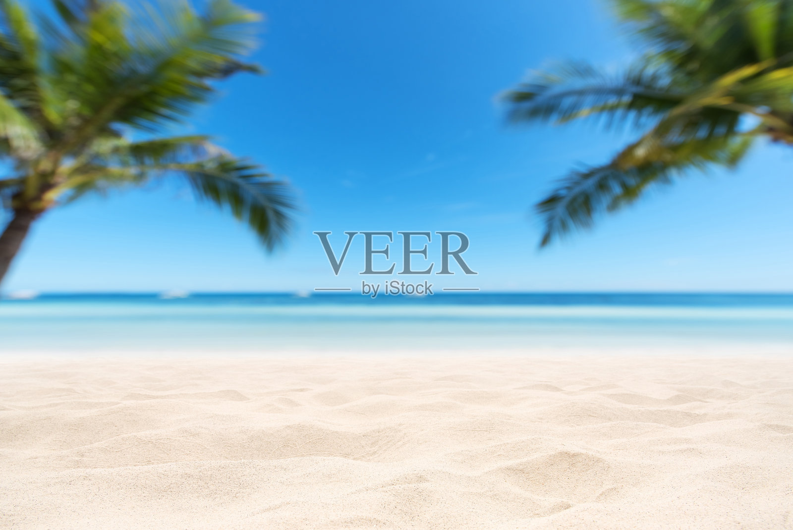 空旷的热带沙滩，椰子树和晴朗的天空抽象背景照片摄影图片