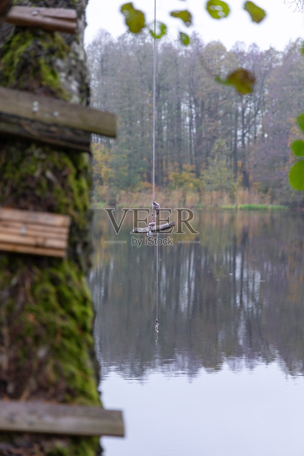 拉脱维亚阴天湖边美丽的秋季风景，岸边五彩斑斓的树木。照片摄影图片