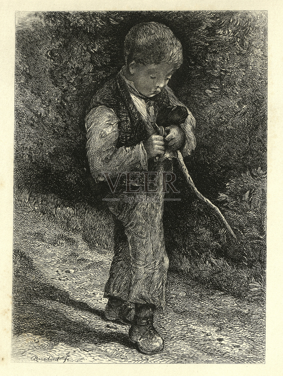 罗伯特·布兰达德创作的男孩削木棍的蚀刻画，维多利亚艺术，19世纪1870年代照片摄影图片