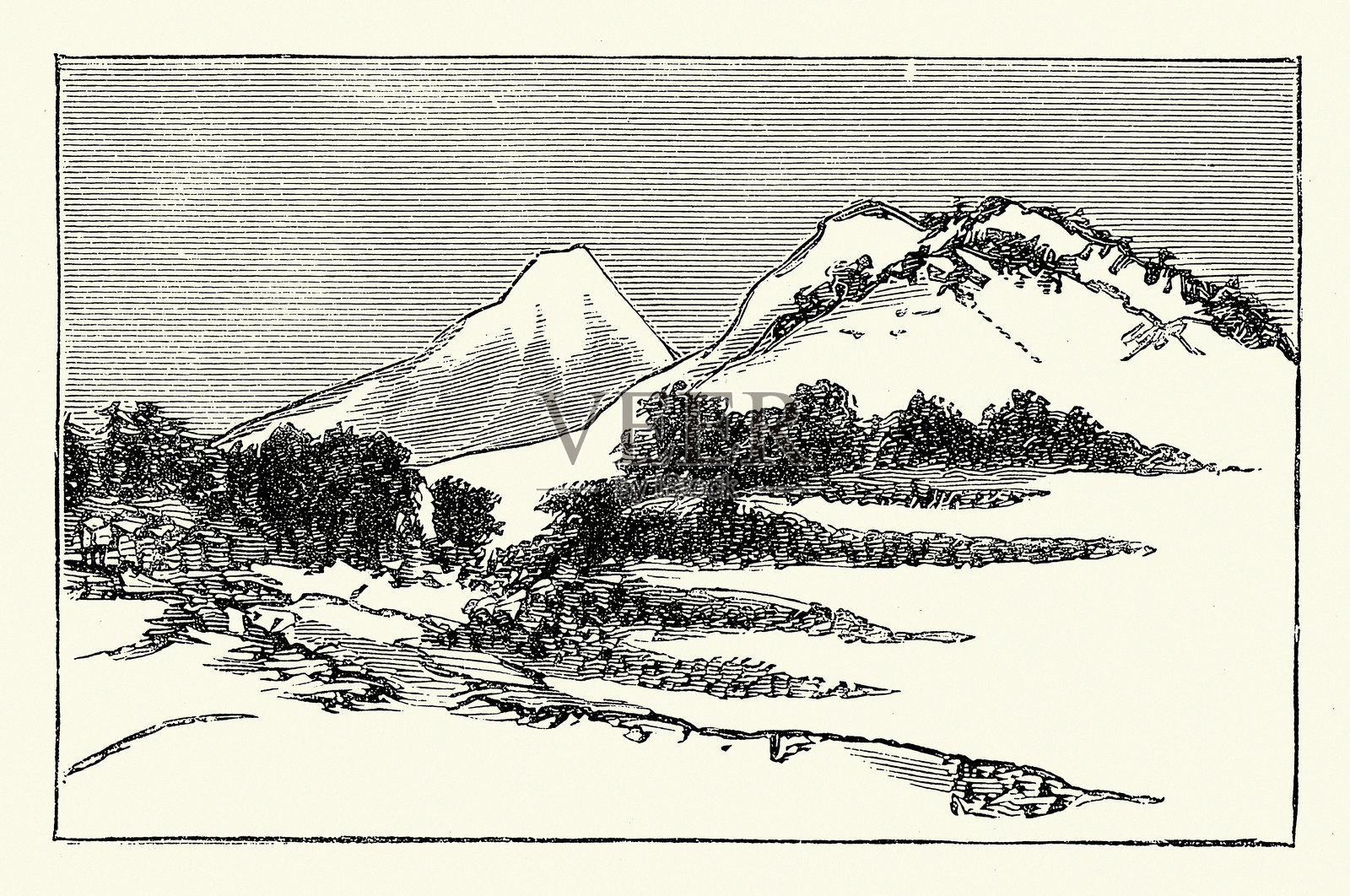 日本艺术，日本风景，富士山，维多利亚艺术，19世纪1870年代照片摄影图片