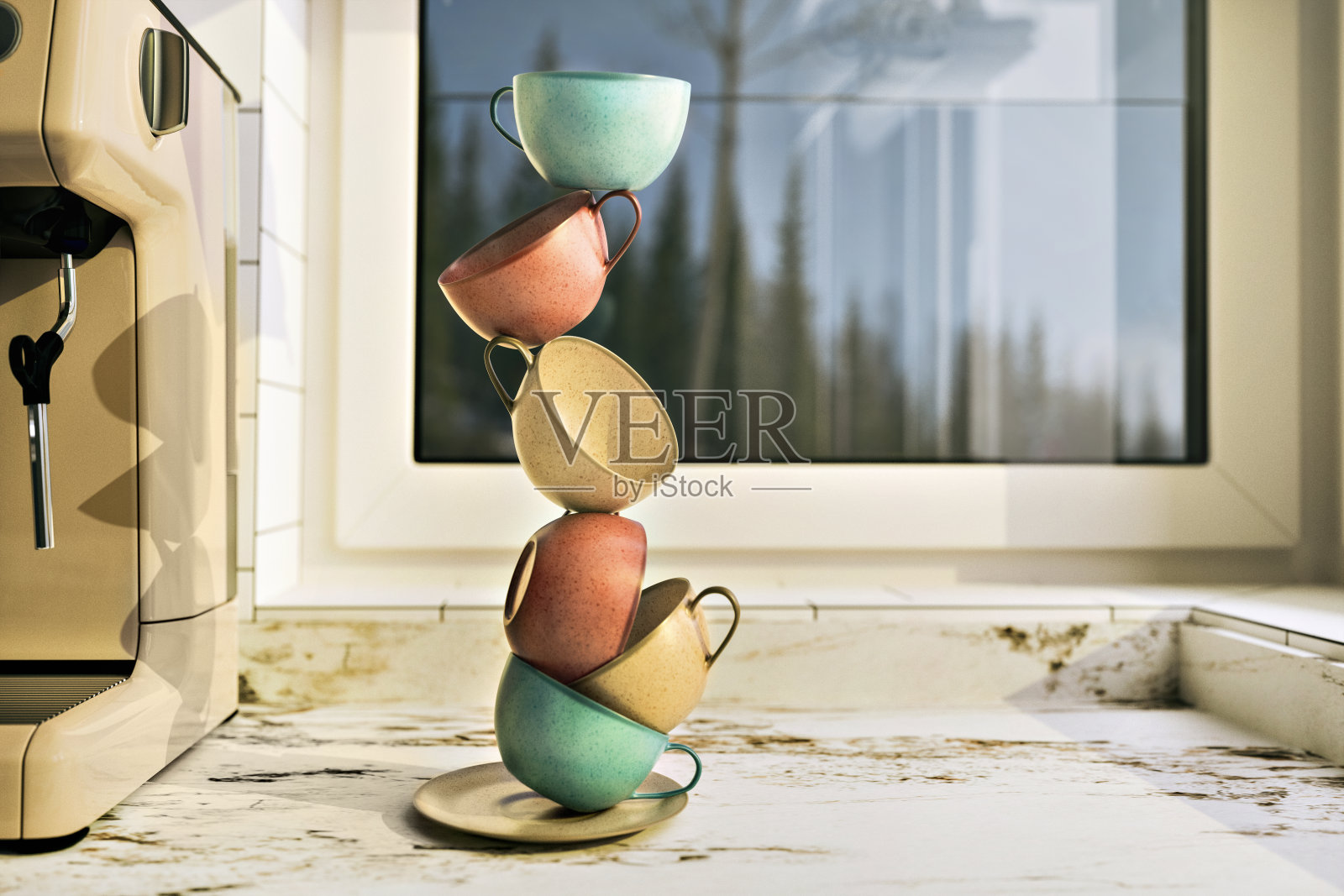 厨房里叠放着的茶杯照片摄影图片