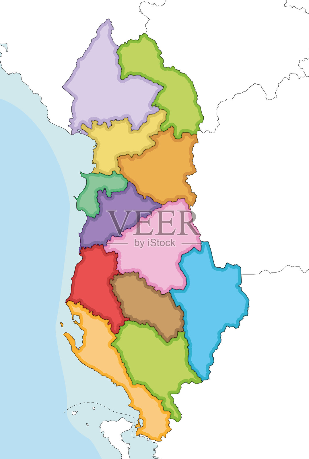 阿尔巴尼亚的矢量插图区域空白地图，包含县和行政区划，以及邻国和领土。可编辑且标注清晰的图层。插画图片素材