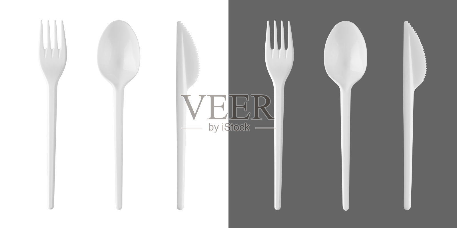 一套塑料一次性餐具 - 刀、勺、叉，孤立在白色背景上。照片摄影图片