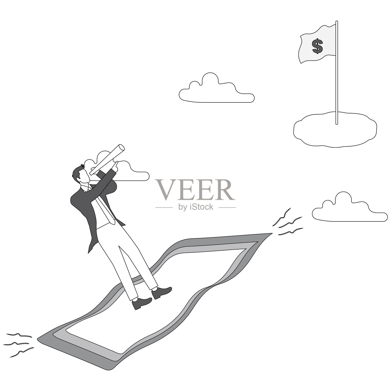 自信的商人在魔法地毯上飞行插画图片素材