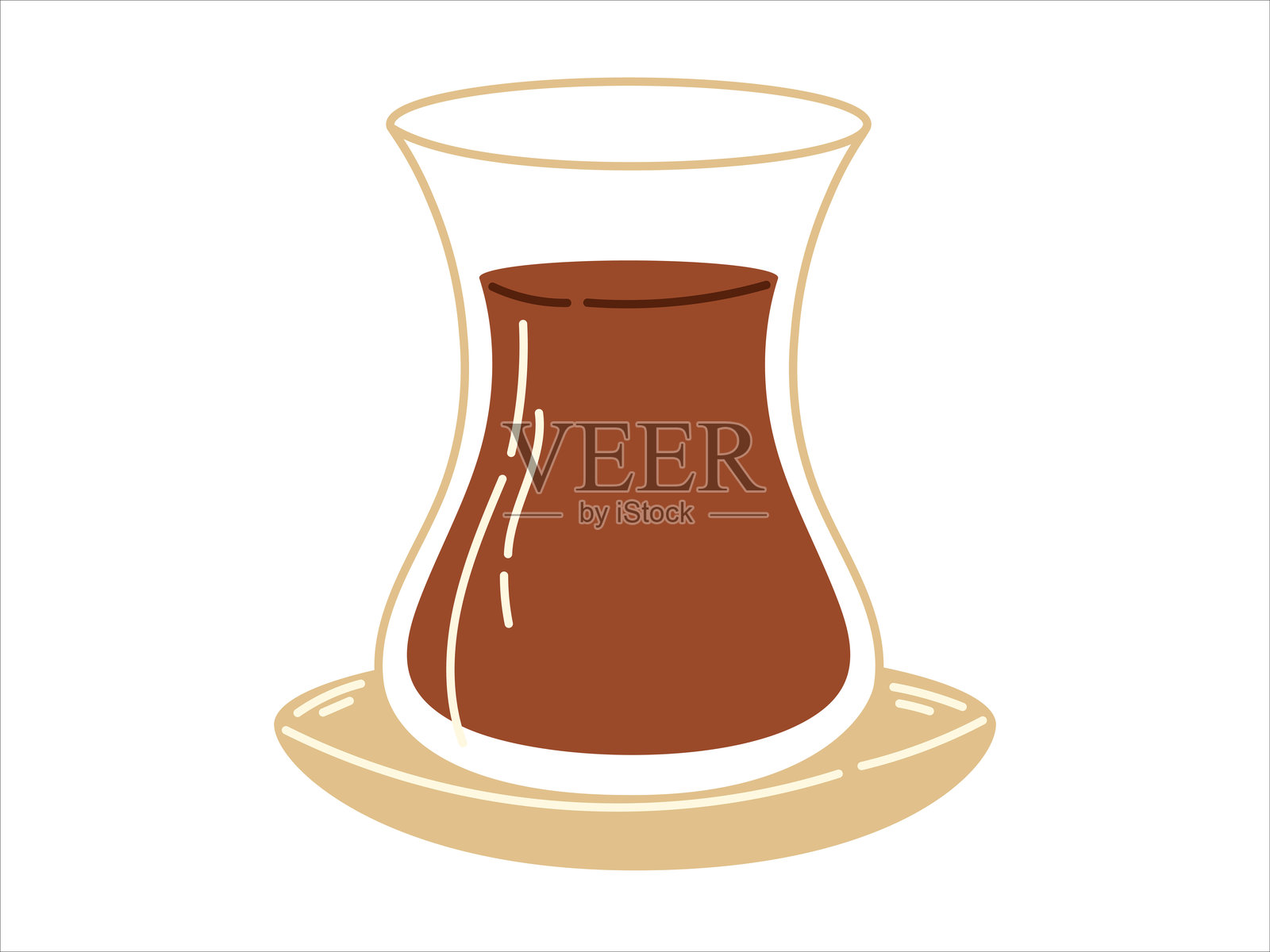 传统土耳其玻璃杯装黑茶，配有碟子。白色背景上的热饮矢量插图。插画图片素材