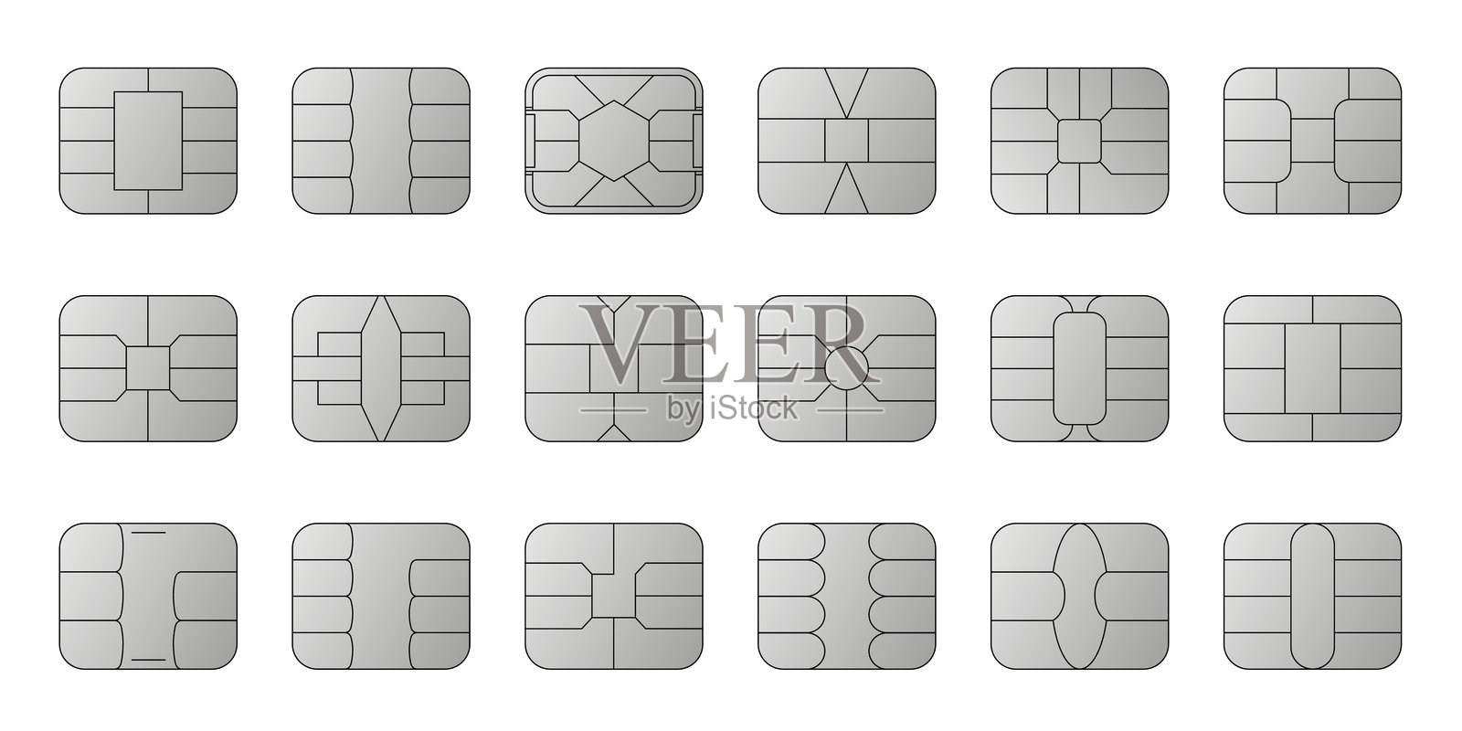 EMV芯片银色矢量图标。终端和ATM的非接触式支付。NFC符号线条集。信用卡和借记卡的方形计算机微芯片。插画图片素材