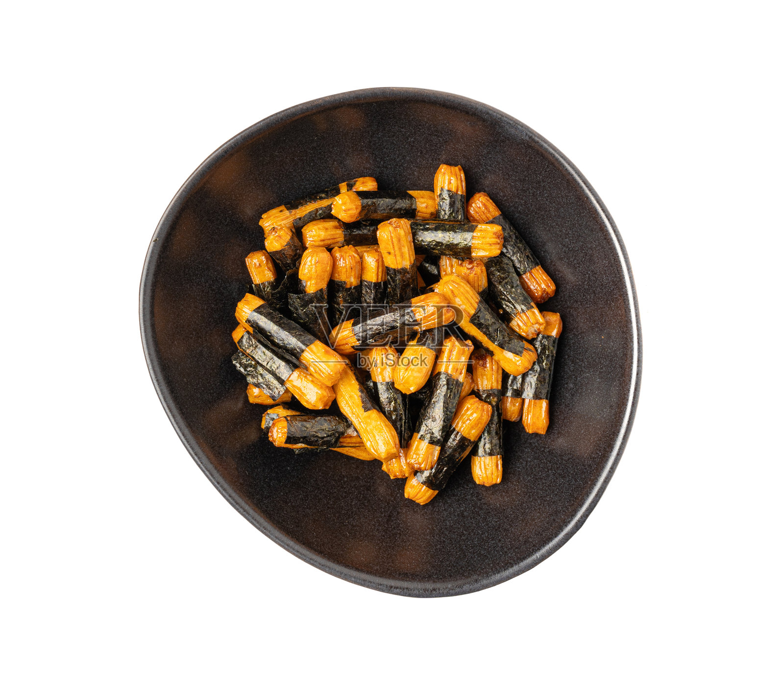 独立的煎饼，柿子种米饼，日本脆脆小吃，煎饼，带芥末的米饼，海苔照片摄影图片