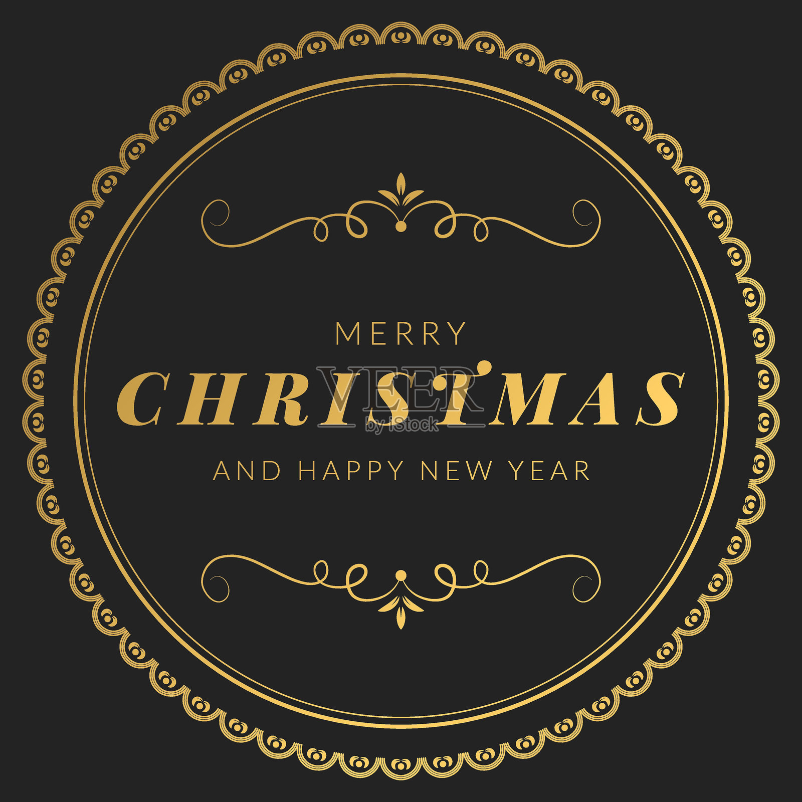 带有金色复古圆框和黑色背景上的排版的圣诞快乐和新年快乐模板。适用于贺卡、横幅、海报的创意概念。矢量插图。插画图片素材