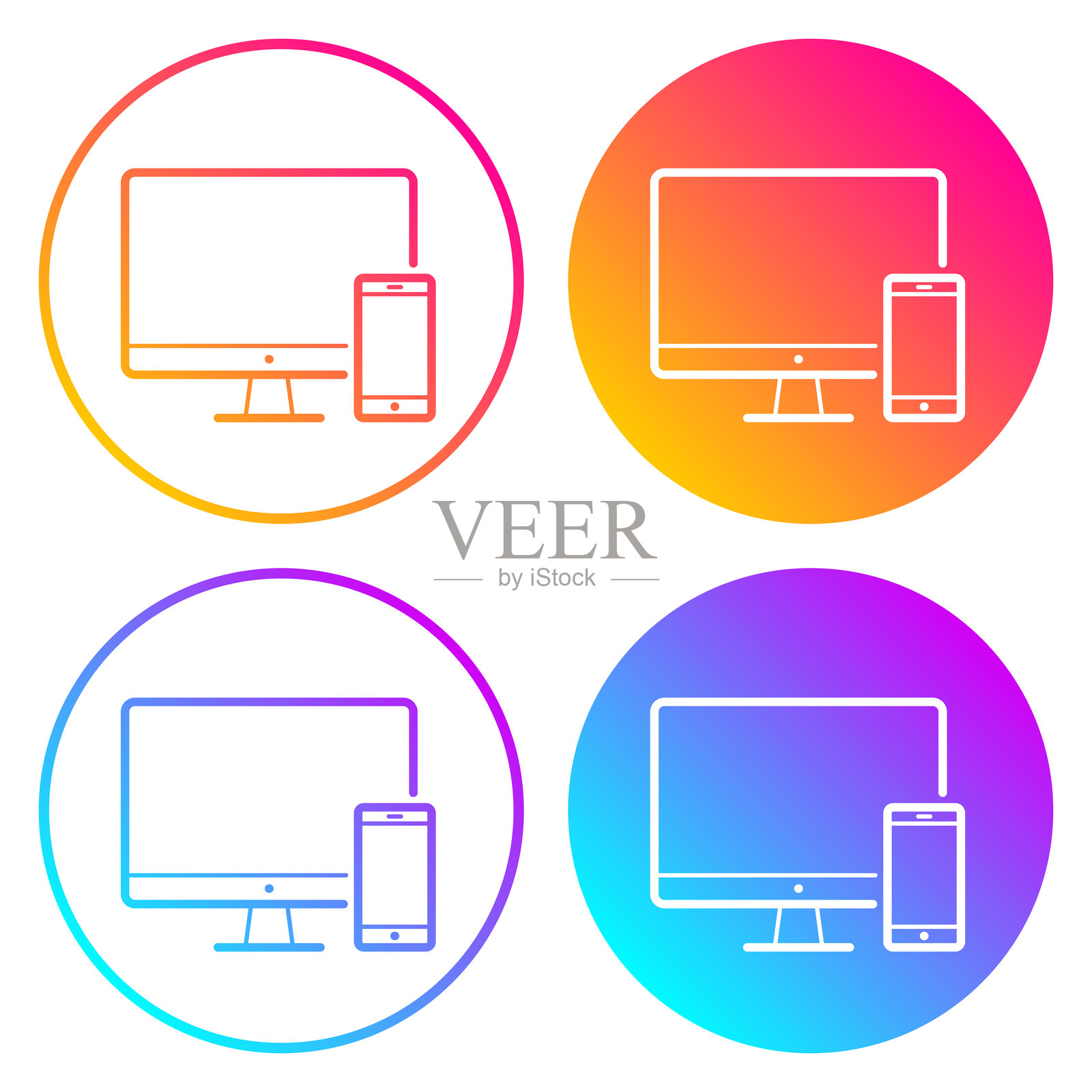 桌面电脑和智能手机。带有渐变色的圆形图标插画图片素材