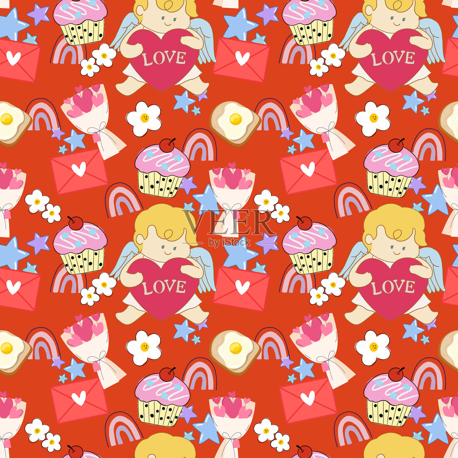 复古快乐的丘比特情人节。漫画风格的快乐心形角色涂鸦，适合时尚的无缝图案。照片摄影图片