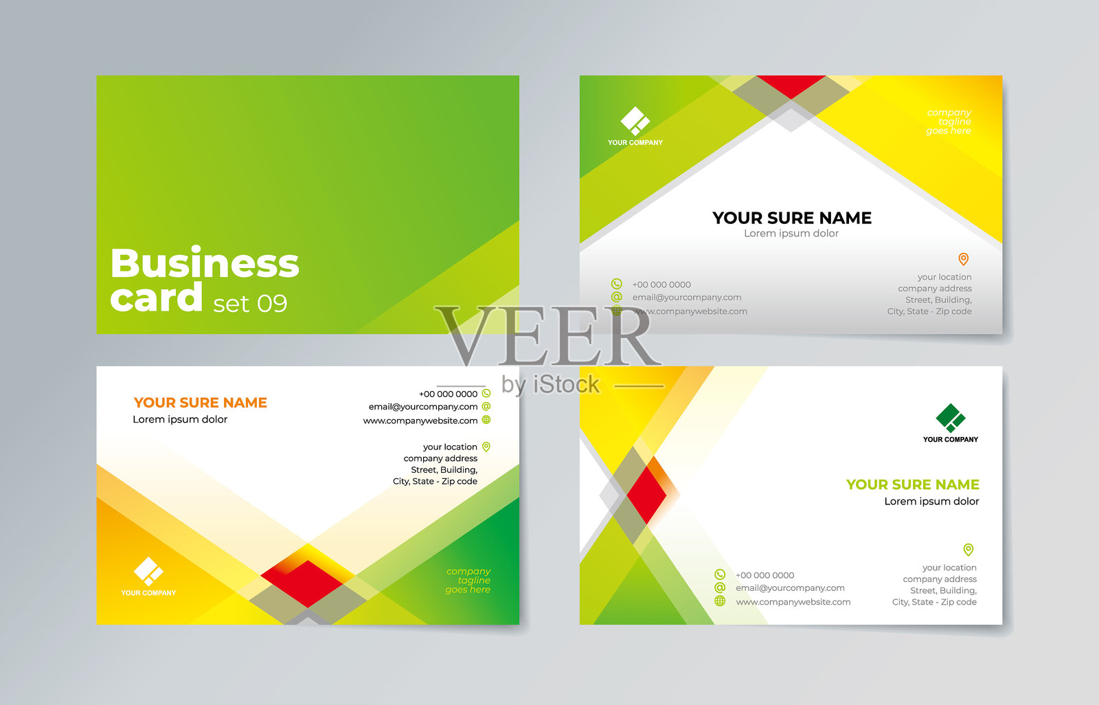 现代简约风格的绿色和黄色三角形图案名片模板，背景为白色。插画图片素材