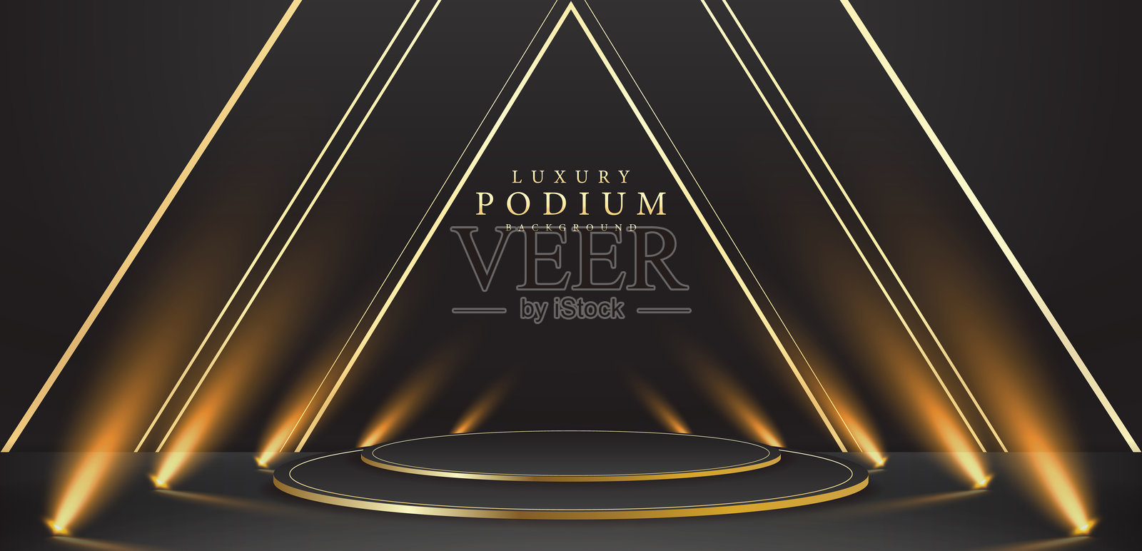 空的黑色和金色讲台，背景为黑色奢华，配有金色线条元素、光线效果装饰和散景。插画图片素材