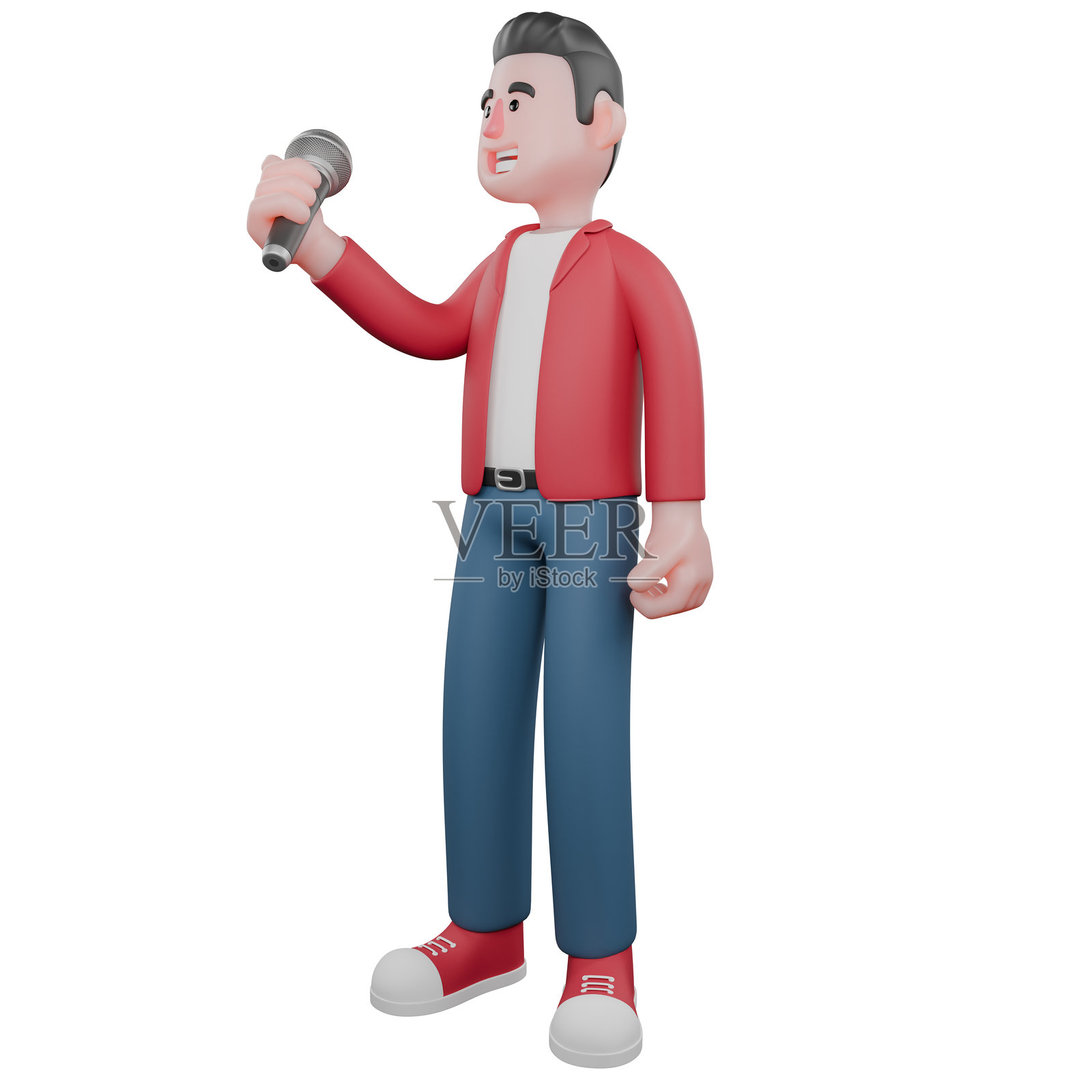 3D歌手角色。一位男性歌手站着，手持麦克风。卡通歌手设计照片摄影图片