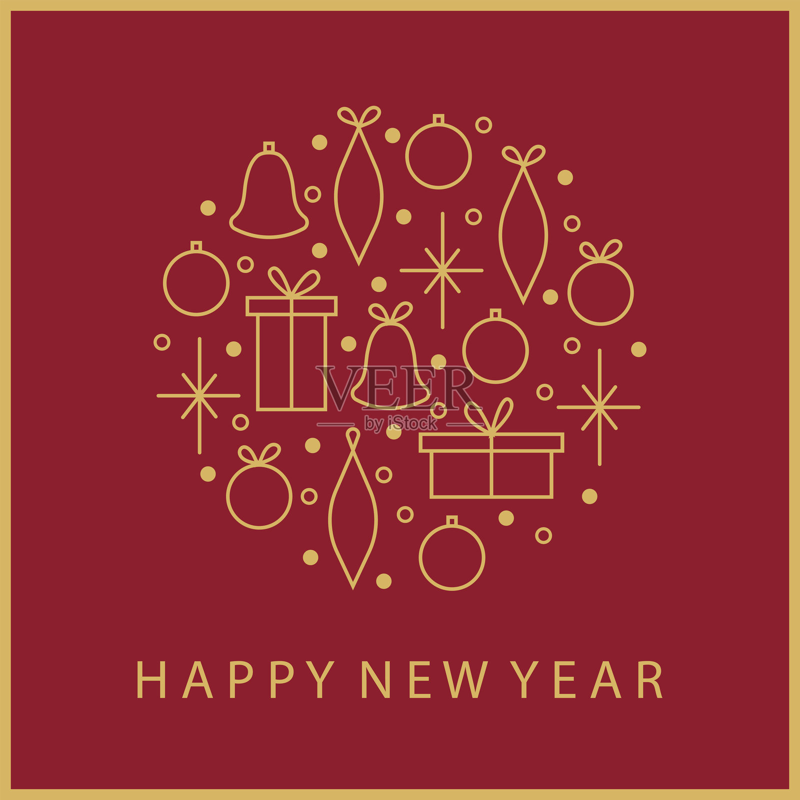 新年快乐和圣诞快乐的节日贺卡。通用艺术模板。极简风格的矢量设计，包含礼品盒、铃铛、雪花和圣诞树装饰。插画图片素材