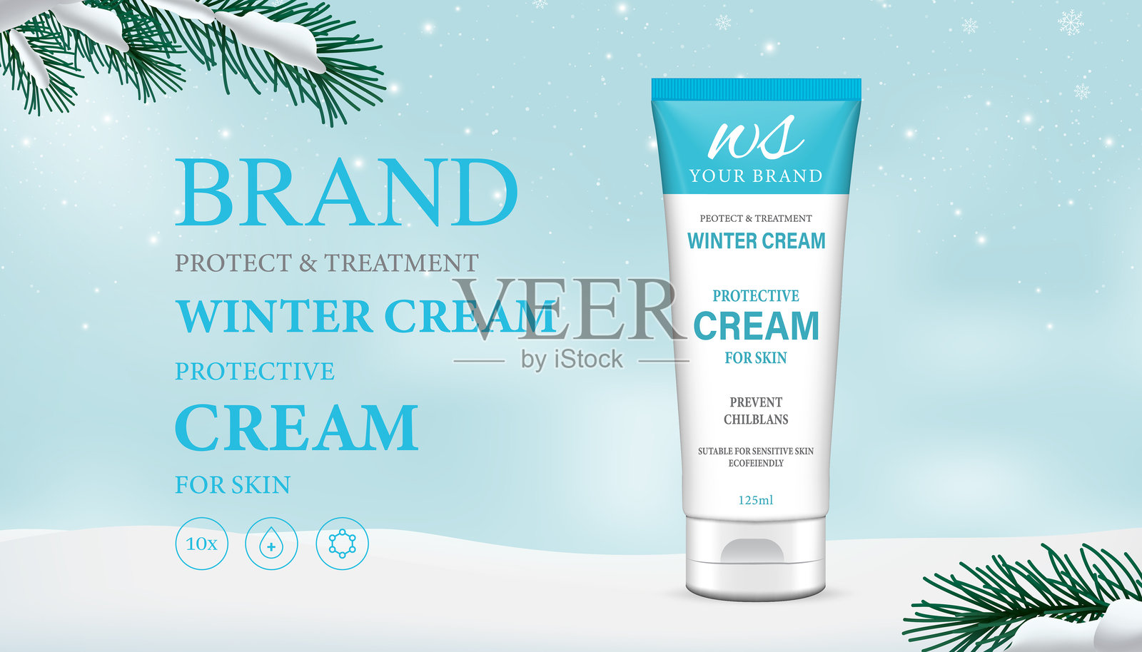 冬季化妆品广告横幅模板。真实的冬季风景，雪地上放着一管冬季护肤霜。用于商品和化妆品推广的矢量3D广告插图。插画图片素材