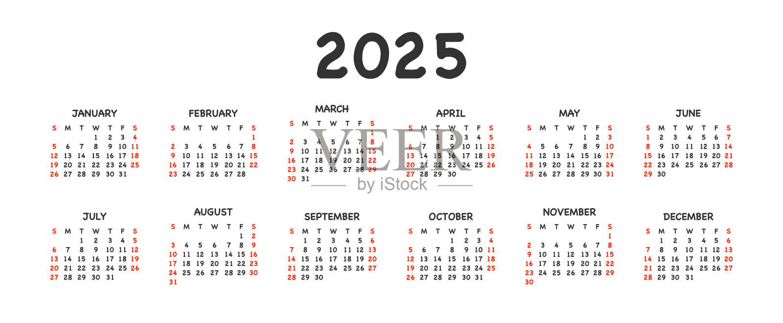 2025年日历。模板安排：月份、星期、日期。办公室活动策划者。插画图片素材