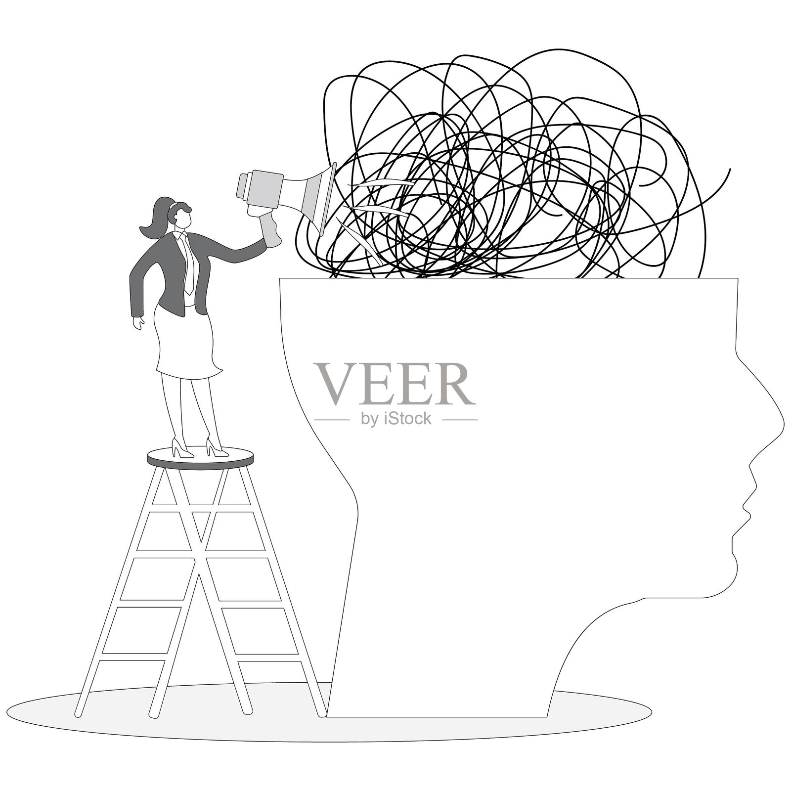 打开的头，女人通过扩音器讲话，周围有缠绕的杂乱线条插画图片素材