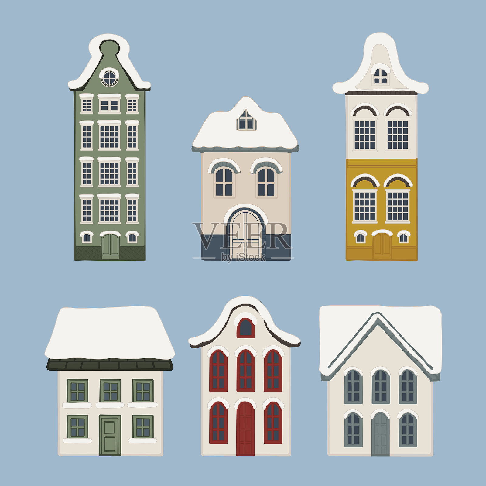 欧洲荷兰风格建筑和房屋外立面冬季手绘插图元素。用于装饰、概念提案、设计、明信片、横幅、社交媒体。插画图片素材