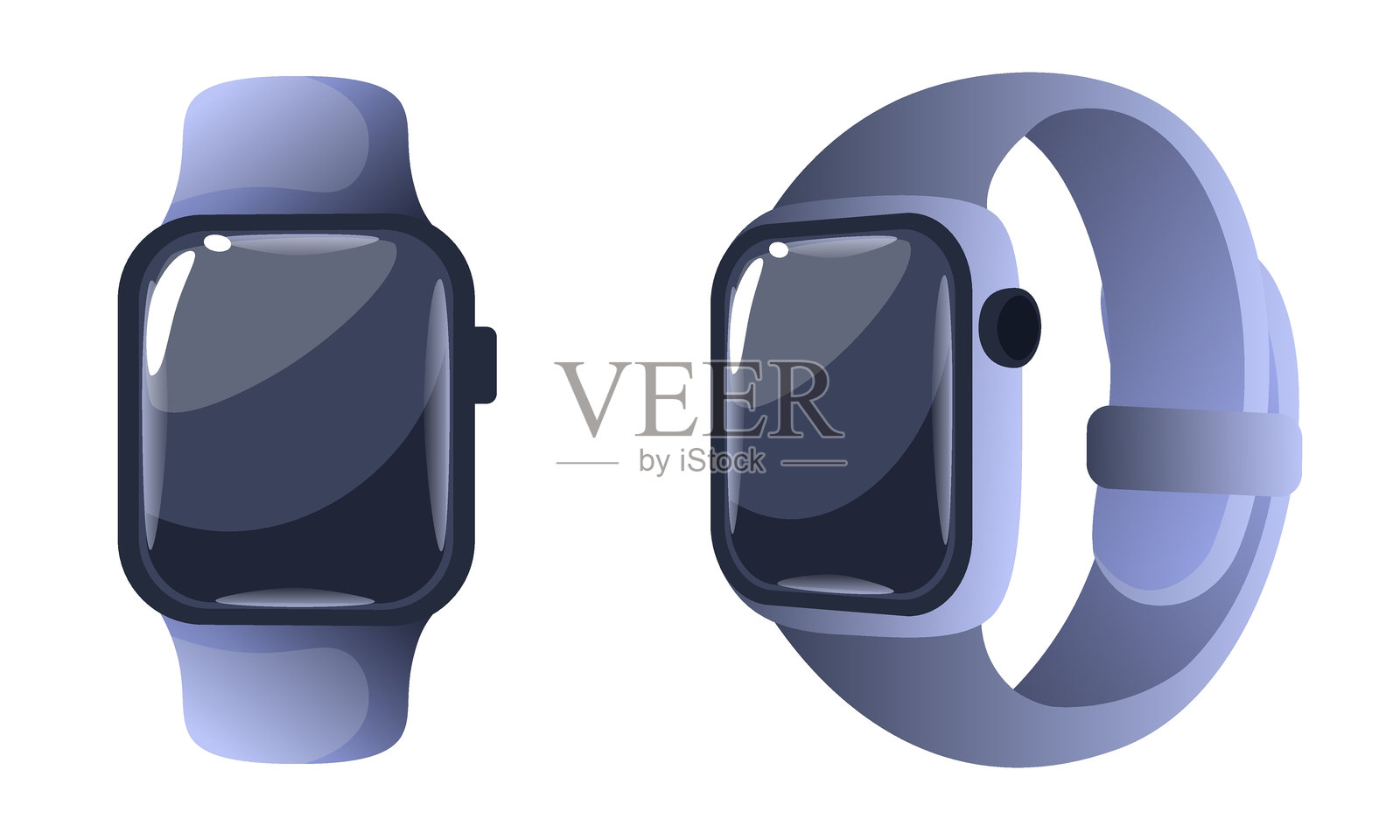 智能手表矢量插图，背景为白色。数字健康护理设备，电子腕表。适合儿童和成人的健身追踪器，配有数字显示和硅胶手环。插画图片素材