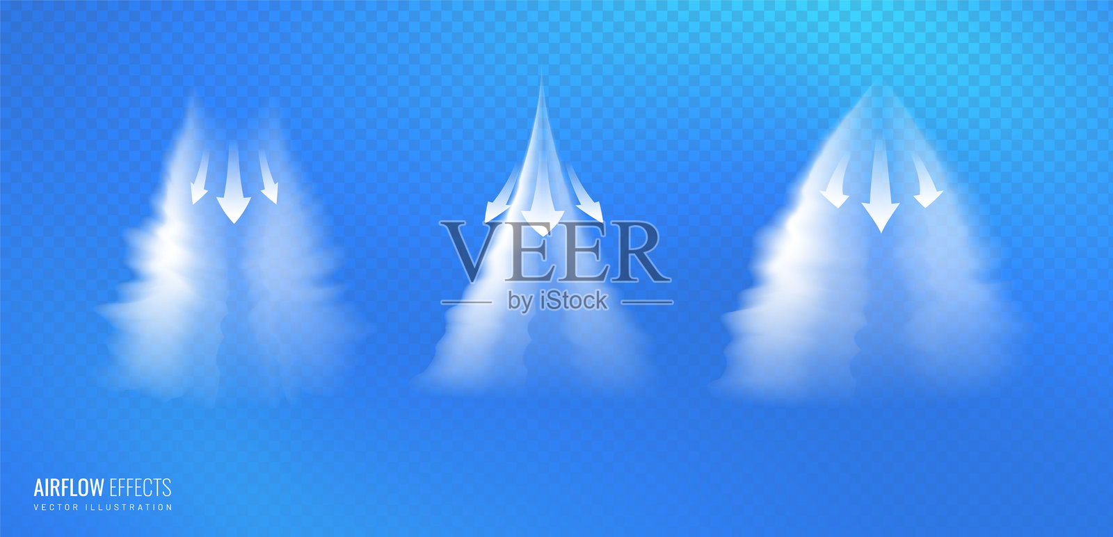 加湿器喷雾水流的真实效果，背景为浅色网格。蒸汽呈白色半透明气流，带有方向箭头。照片摄影图片