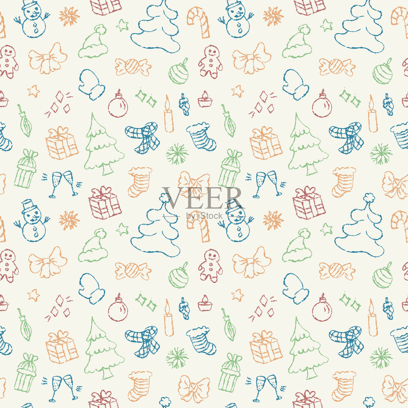 冬季假期无缝图案，手绘涂鸦装饰，适用于圣诞节和新年插画图片素材