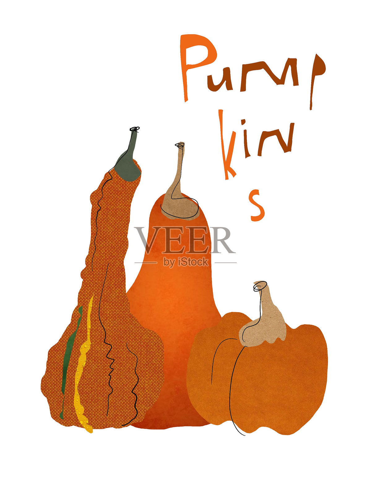 纸质数字拼贴画，包含三个南瓜和手写标签照片摄影图片