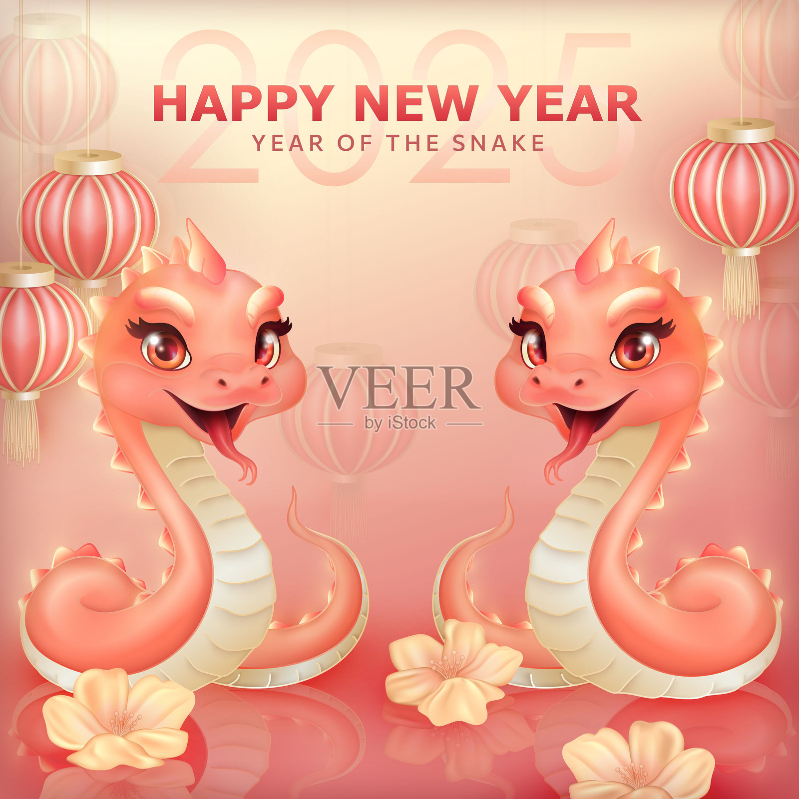2025年新年贺卡，带有3D可爱的粉色蛇，周围环绕着红色中国灯笼和梅花插画图片素材