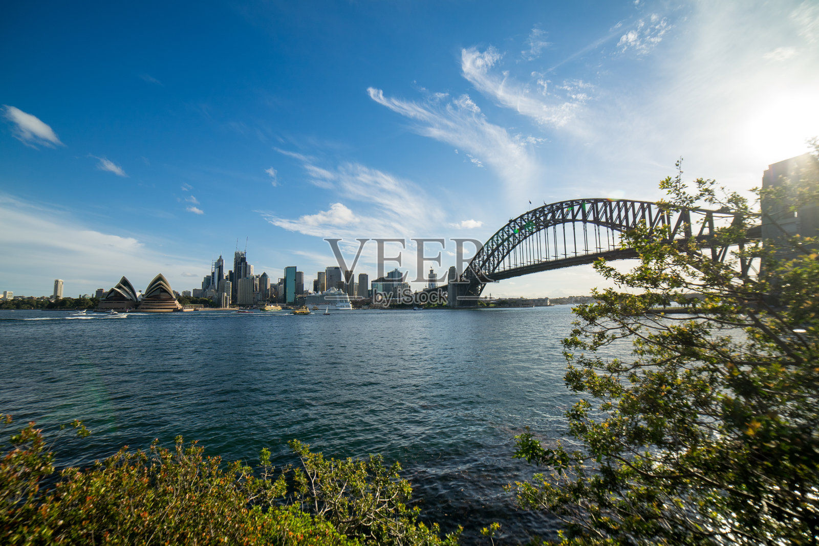 悉尼海港大桥与城市在金色时刻的日落中。照片摄影图片