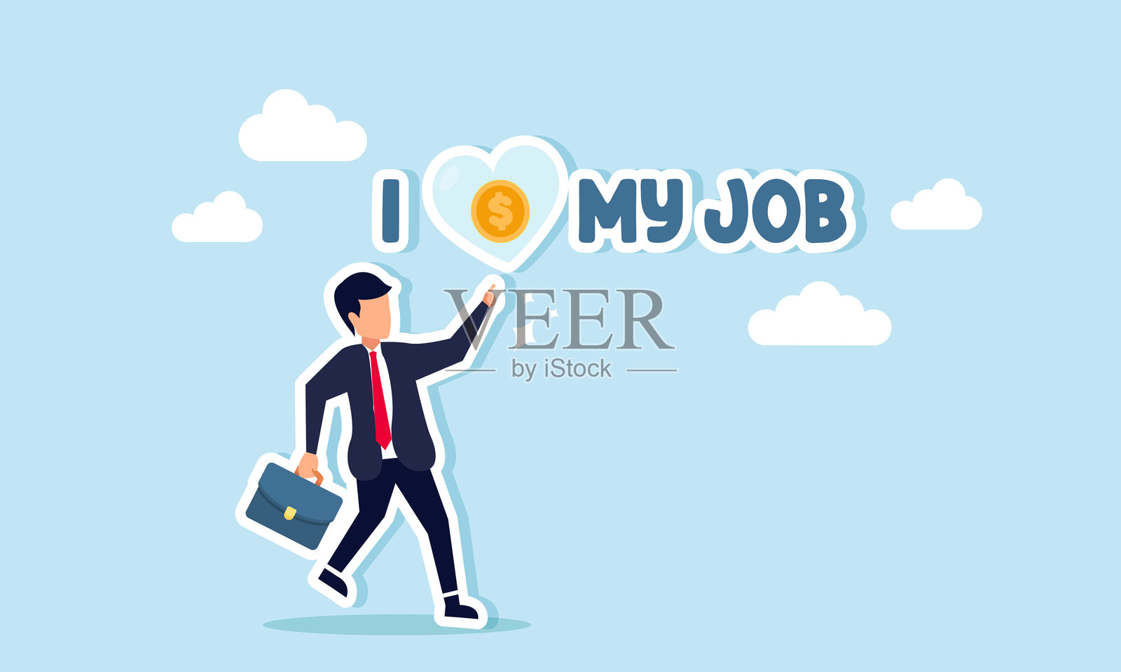 一个快乐的商人指着一个用美元硬币填充的爱心符号，上面写着“我爱我的工作”，这幅插图表现了对金钱工作的热爱。插画图片素材