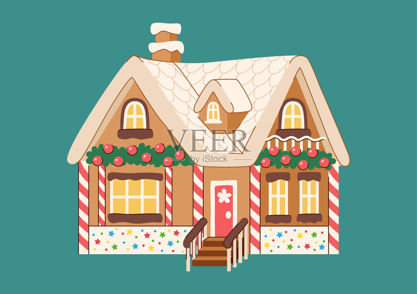 圣诞姜饼屋，屋顶和门廊上覆盖着糖霜，窗户和阳台美丽，装饰着糖霜。传统的圣诞美食。插画图片素材