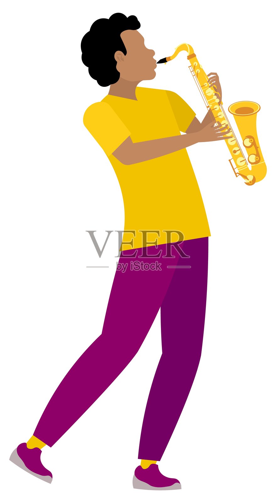 矢量人物。黑人音乐家在萨克斯ophone上演奏旋律，独奏表演。演奏爵士乐或蓝调。插画图片素材