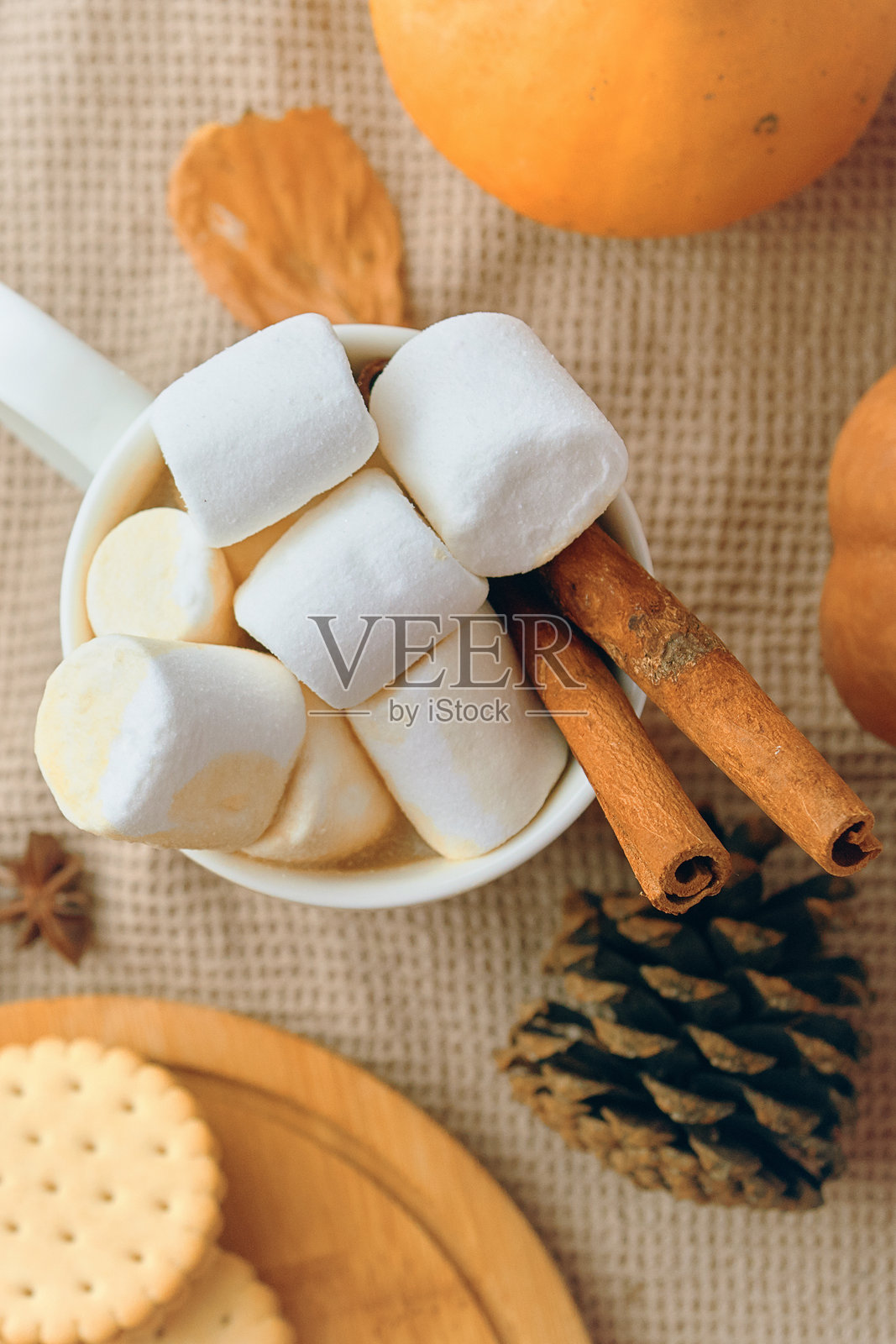 冬季热饮，配有棉花糖、肉桂棒和节日装饰，营造温馨氛围照片摄影图片