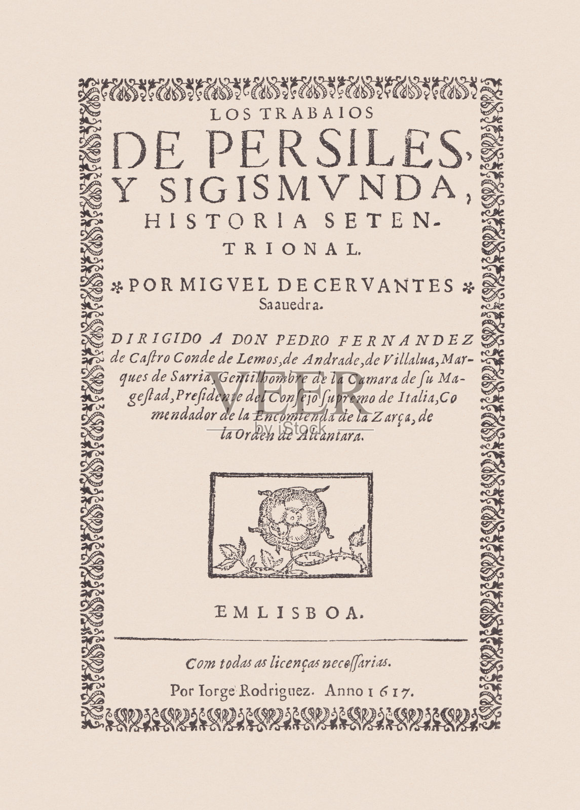 《佩尔西莱斯》封面，塞万提斯著（1616），1895年影印本照片摄影图片