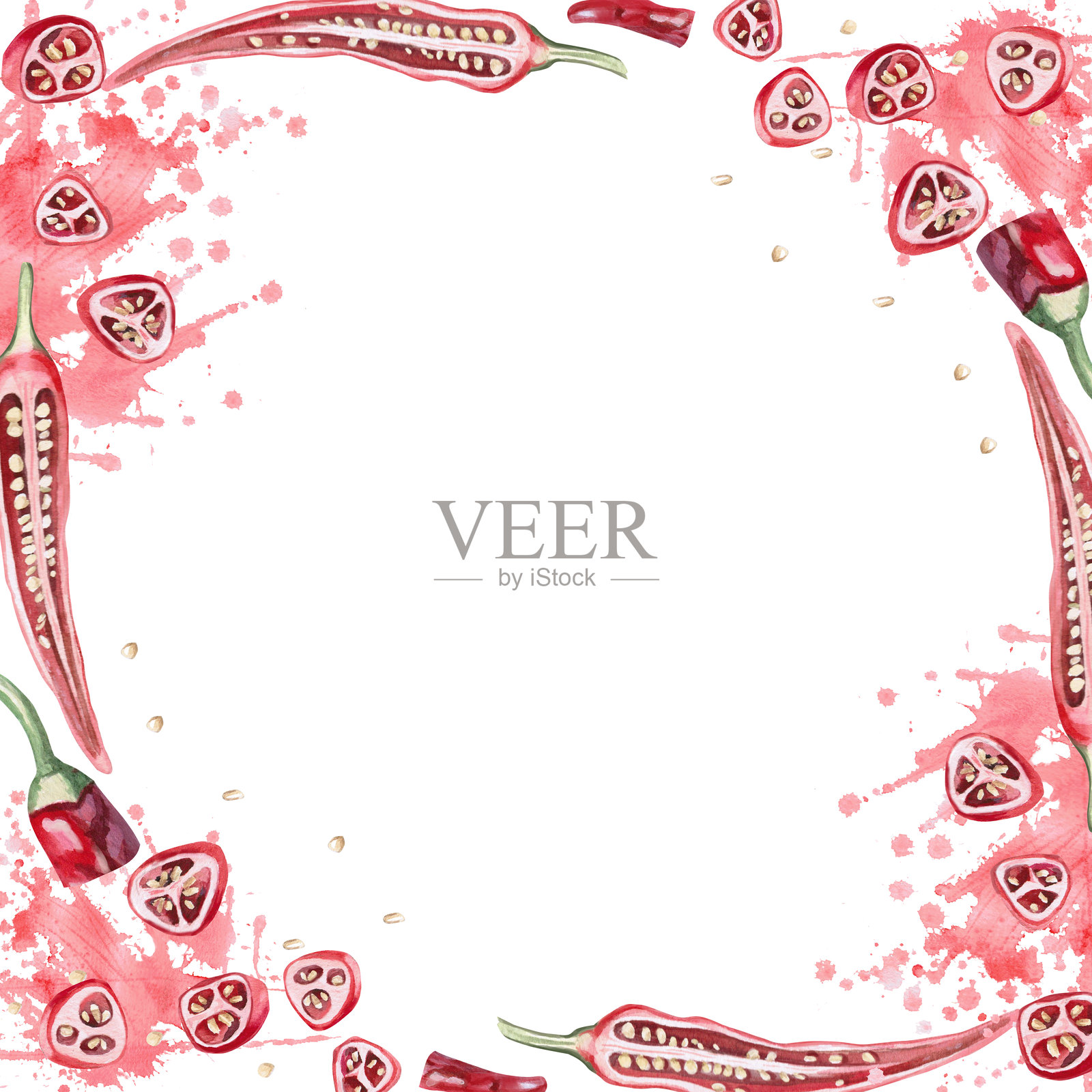 切片辣椒的方形框架，伴随多汁的飞溅。手绘的独立水彩蔬菜插图，适用于餐具设计、海报、食谱插图、面料和服装印刷。照片摄影图片