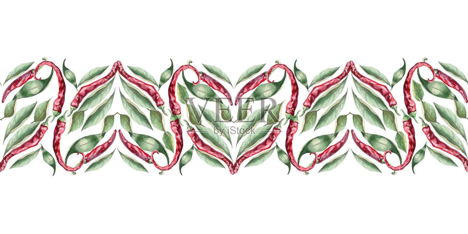 热辣椒无缝边框，呈心形。独立水彩插图，适用于厨房设计、餐具、服装和纺织品印刷。照片摄影图片