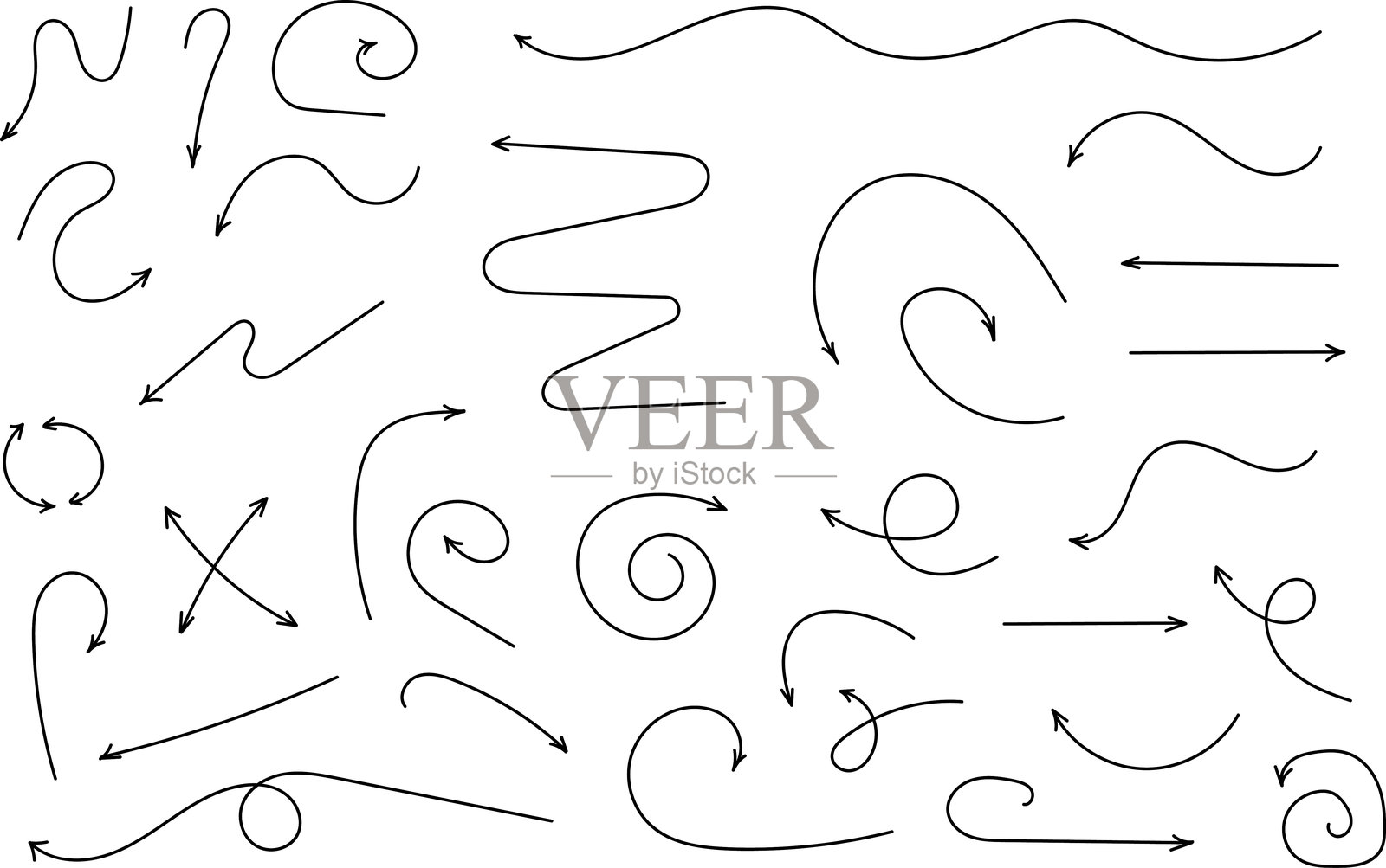 手绘水彩涂鸦风格的矢量箭头集。创意矢量插图，黑色手绘箭头集，背景独立。插画图片素材