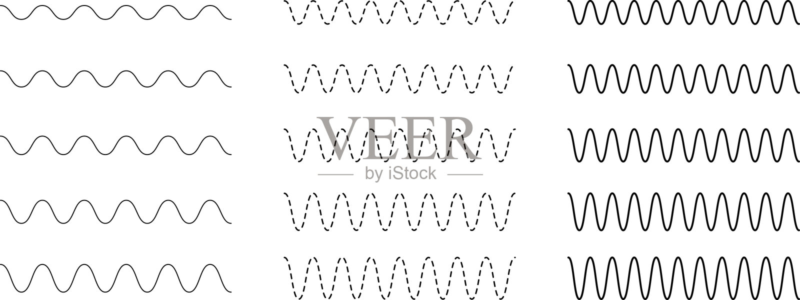 一组无缝波浪状、曲线和锯齿状交叉的水平线条。矢量图形设计元素。插画图片素材