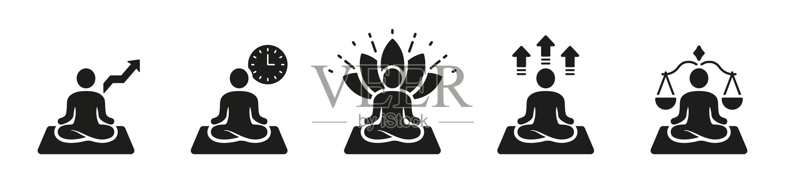 心理健康、健康与幸福剪影图标集。瑜伽姿势图标。健康生活方式图标。孤立的矢量插图。插画图片素材