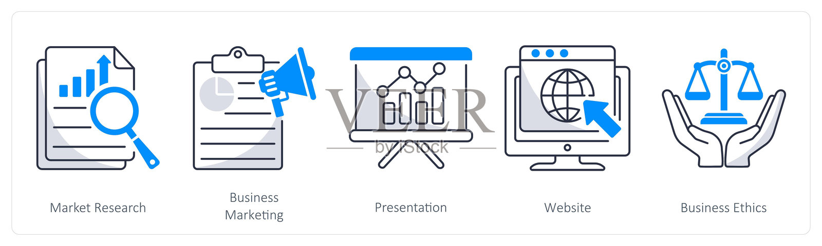一组5个商业图标，代表市场调研、商业营销和演示。插画图片素材