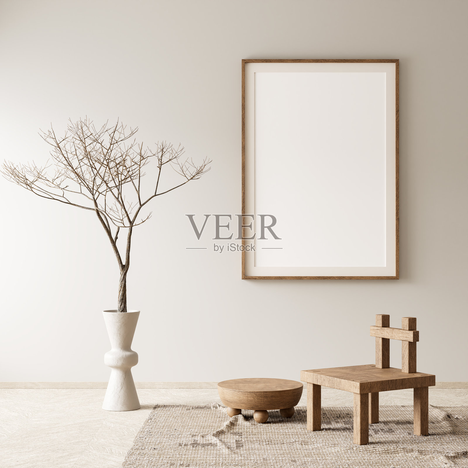 波西米亚风格的海报框架模型，装饰的客厅。现代、真实的室内设计，配有木质家具。3D插图。照片摄影图片