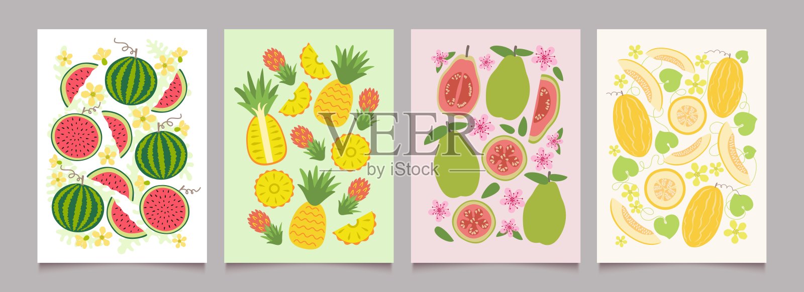 水果、浆果和花卉海报套装。夏季背景包含西瓜、菠萝、番石榴和哈密瓜，采用极简设计。平面矢量插图。插画图片素材