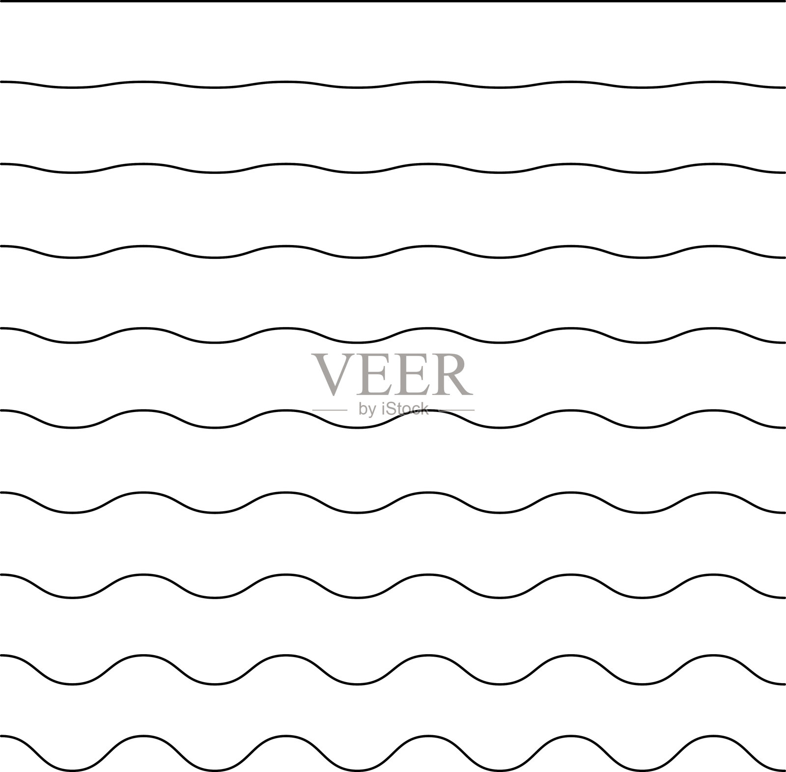 水波、海浪、波浪线条集合。水波图标、标志矢量。无缝波浪 - 曲线和锯齿 - 交叉水平线集合。水的标志、符号或标志矢量合集。插画图片素材