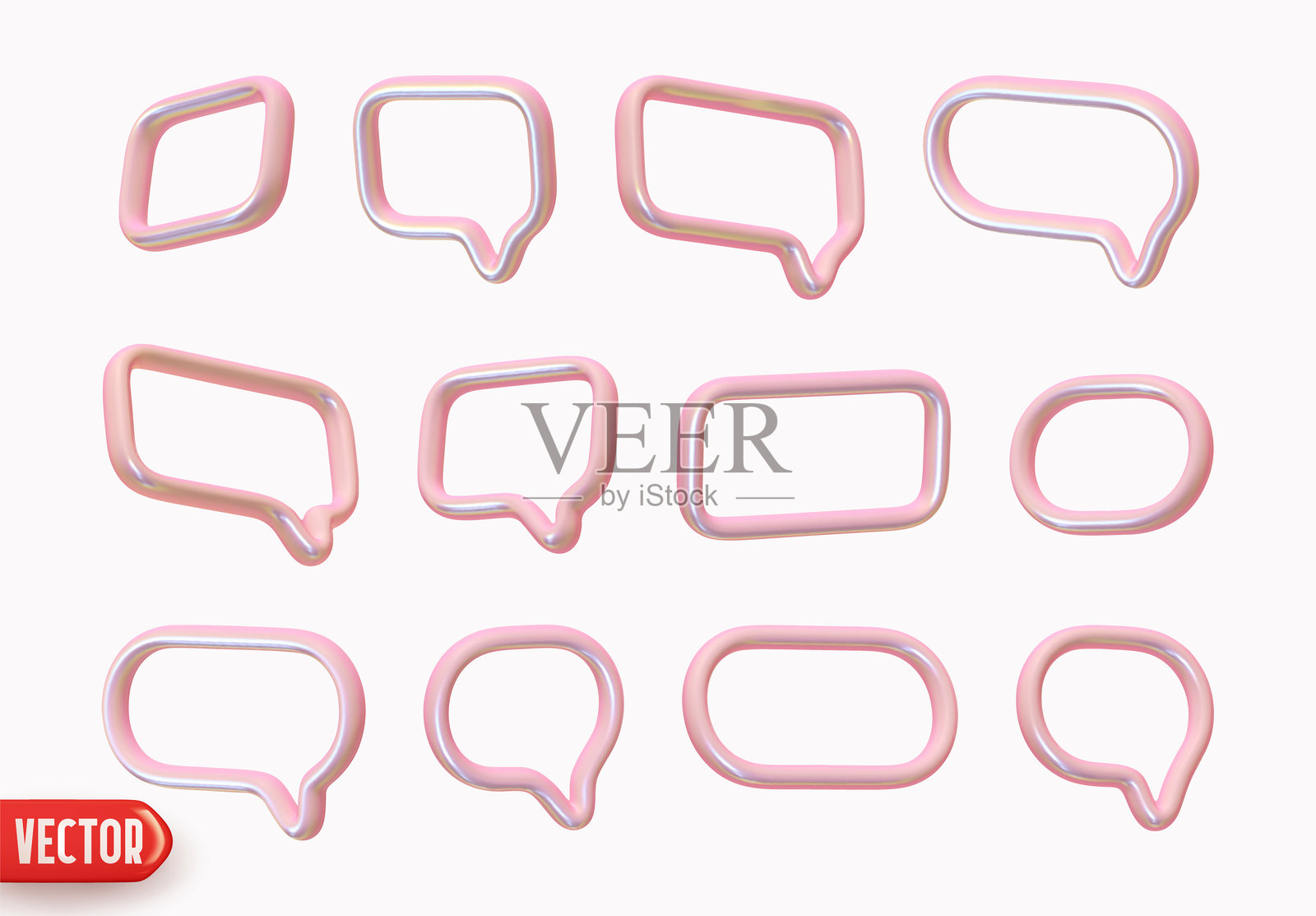 粉色对话气泡。简约风格的聊天对话气泡线条图标。真实的3D设计，独立于白色背景。矢量插图。插画图片素材