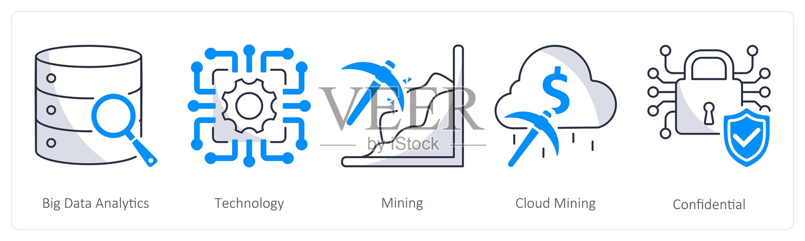 一组5个区块链图标，代表大数据分析、技术和挖矿插画图片素材