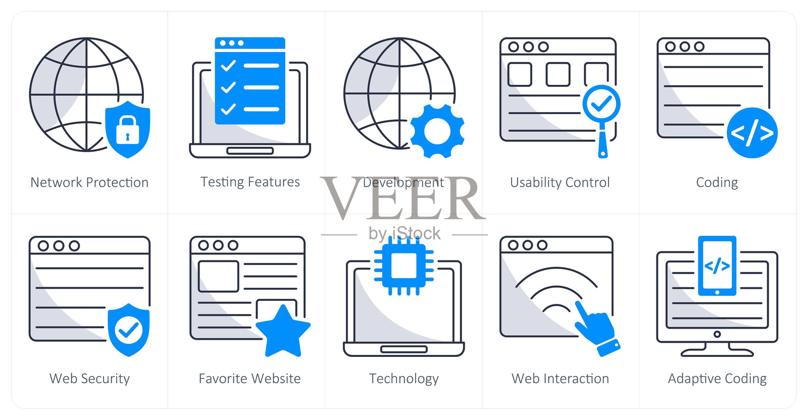 一组10个网页设计图标，代表网络保护、测试功能和开发。插画图片素材